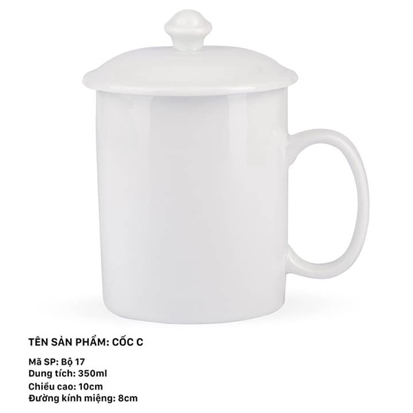 Ly Sứ Trắng in Logo - Ca Sứ Quai C có nắp