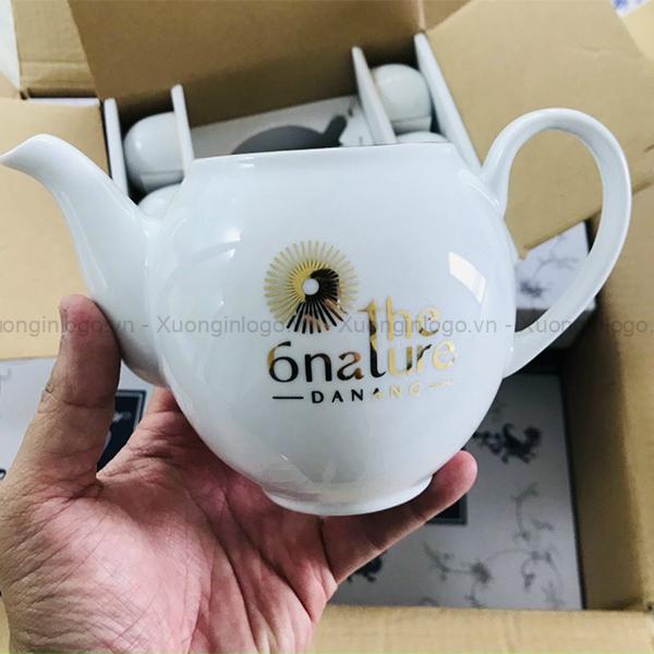 Bộ Ấm Chén Bình Trà Gốm Minh Long Camellia trắng In Logo NV-40