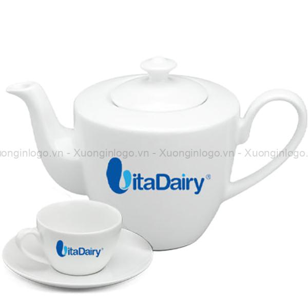 Bộ Ấm Chén Bình Trà Gốm Sứ Minh Long Daisy Trắng In Logo NV-39