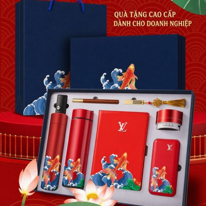 Bộ Quà Họa Tiết Cá Chép Thịnh Vượng - Quà Tết Doanh Nghiệp Tặng Khách Hàng