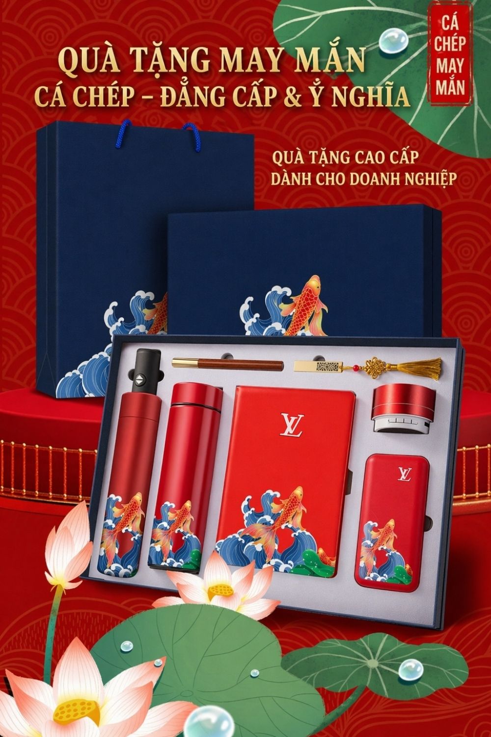 3 Bộ Quà Họa Tiết Cá Chép Thịnh Vượng - Quà Tết Doanh Nghiệp Tặng Khách Hàng