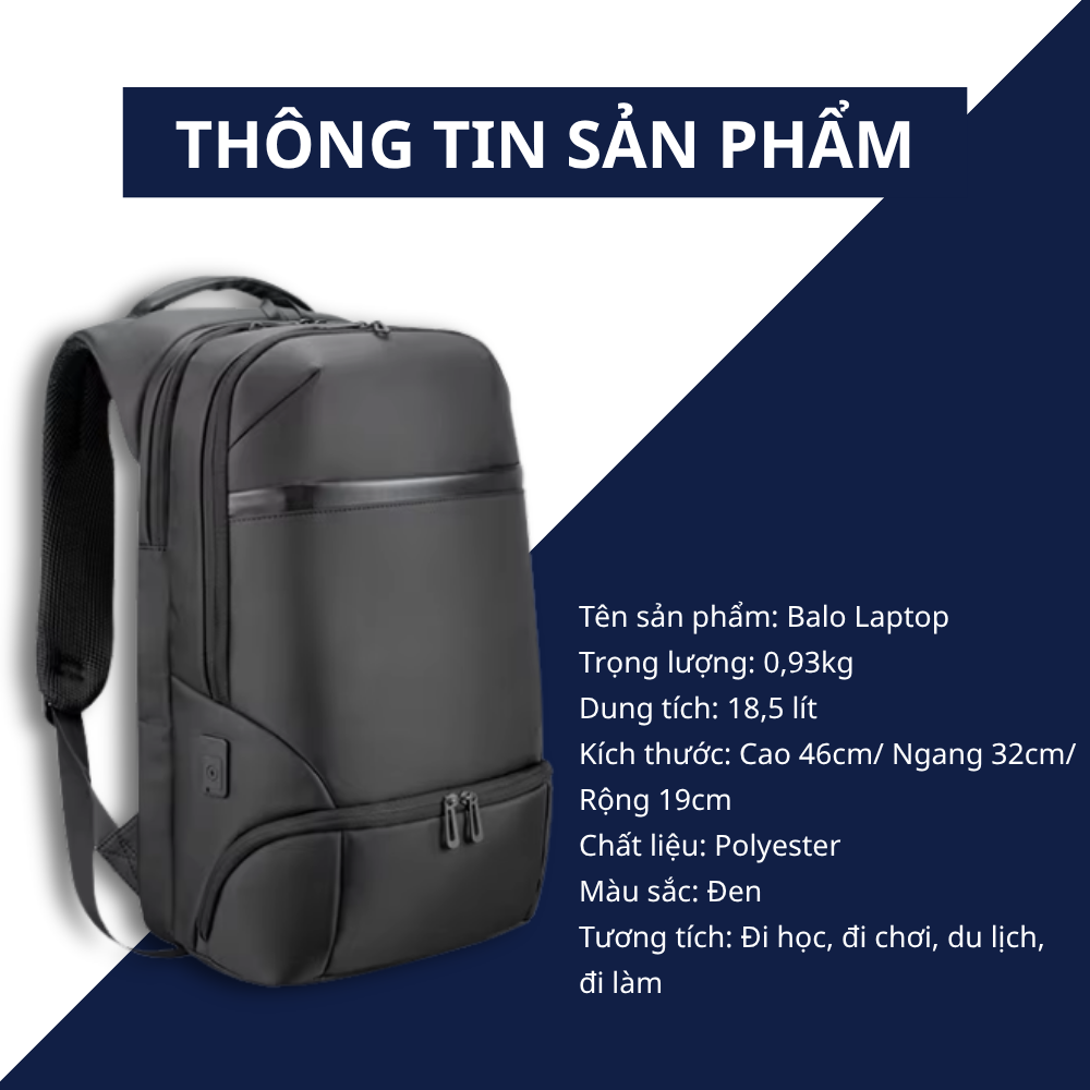 Balo Cho Doanh Nhân Dung Tích Lớn Đen 65x61x49 cm