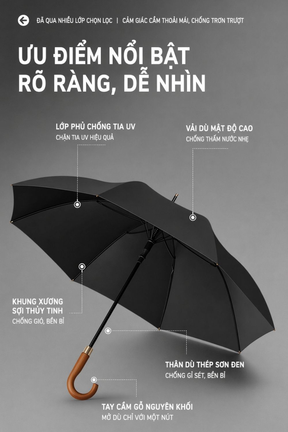 Ô Dù Golf Tự Động Cán Gỗ 122cm Tặng Khách Hàng, Đối Tác Đa Màu