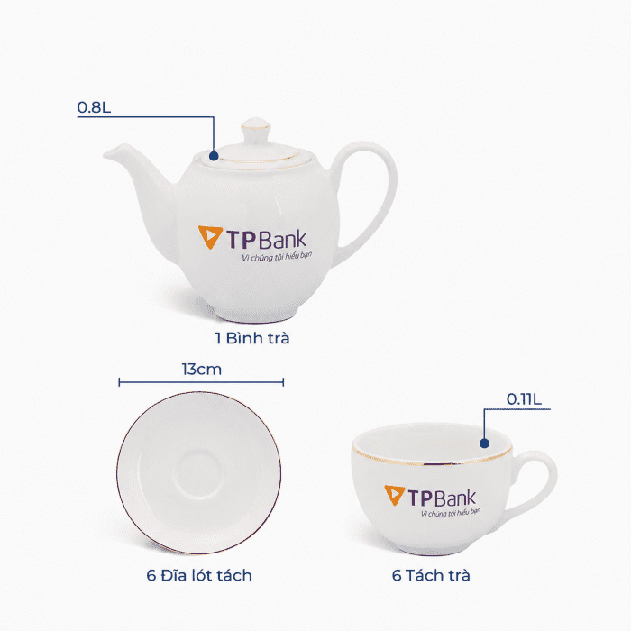 Bộ Trà 0.8L Camellia Viền Chỉ Vàng
