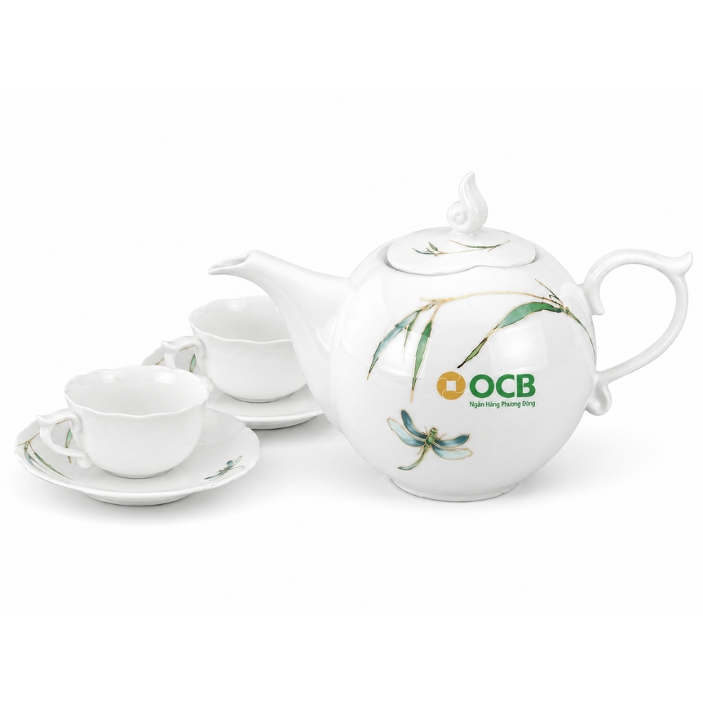 Bộ trà sứ cao cấp + hộp gỗ óc chó