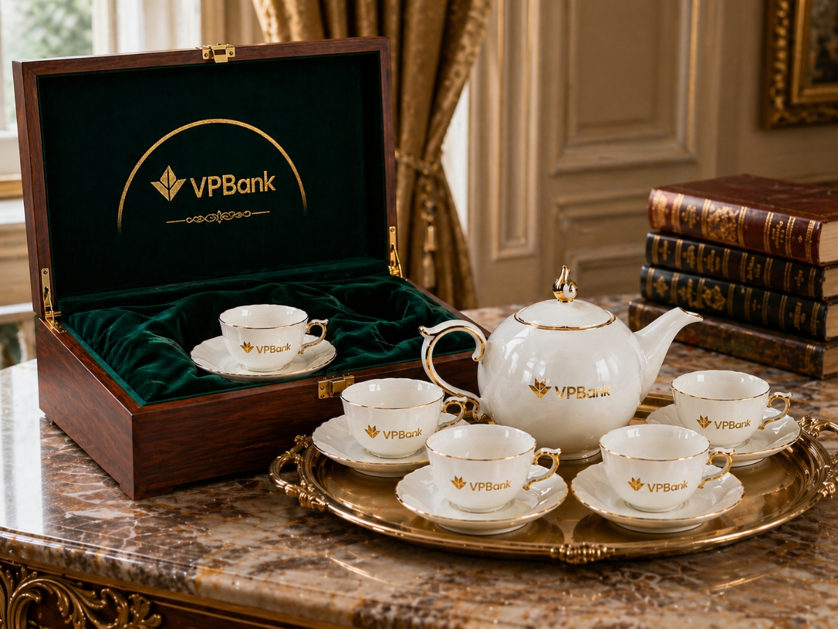 Bộ trà Minh Long khắc logo vàng + hộp gỗ riêng